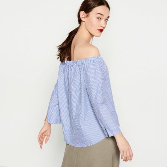 Zara Blue White Woman Poplin Stripped Off Shoulder - Picture 4 of 4